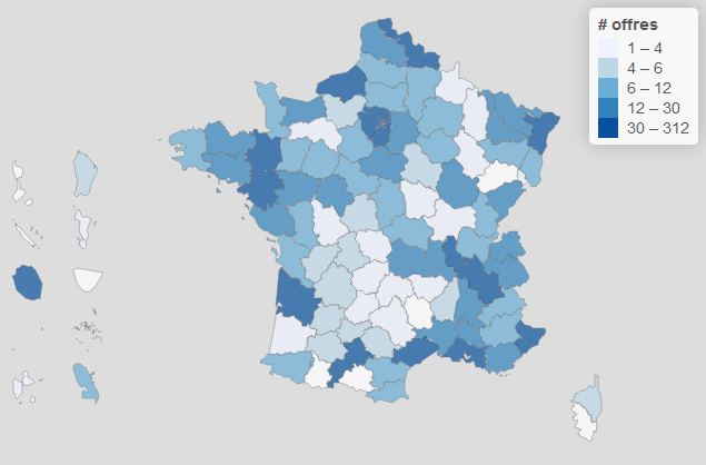 Carte des offres d'emploi dans la famille Communication digitale en septembre 2024