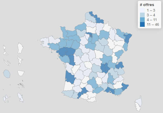 Carte des offres d'emploi dans la famille Interface, graphisme et design en septembre 2024