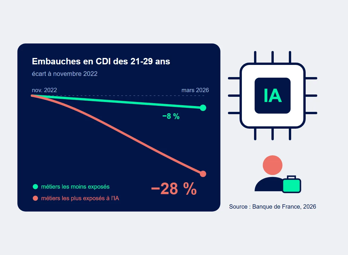 Embauches en CDI des 21-29 ans : -28 % dans les métiers les plus exposés à l’IA, -8 % dans les moins exposés (Banque de France)